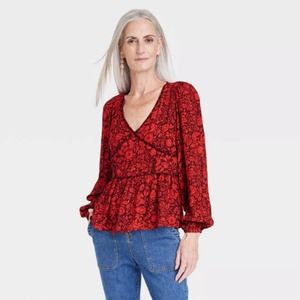Knox Rose Women's Long Sleeve Embroidered Blouse - Red Floral Size M NWT